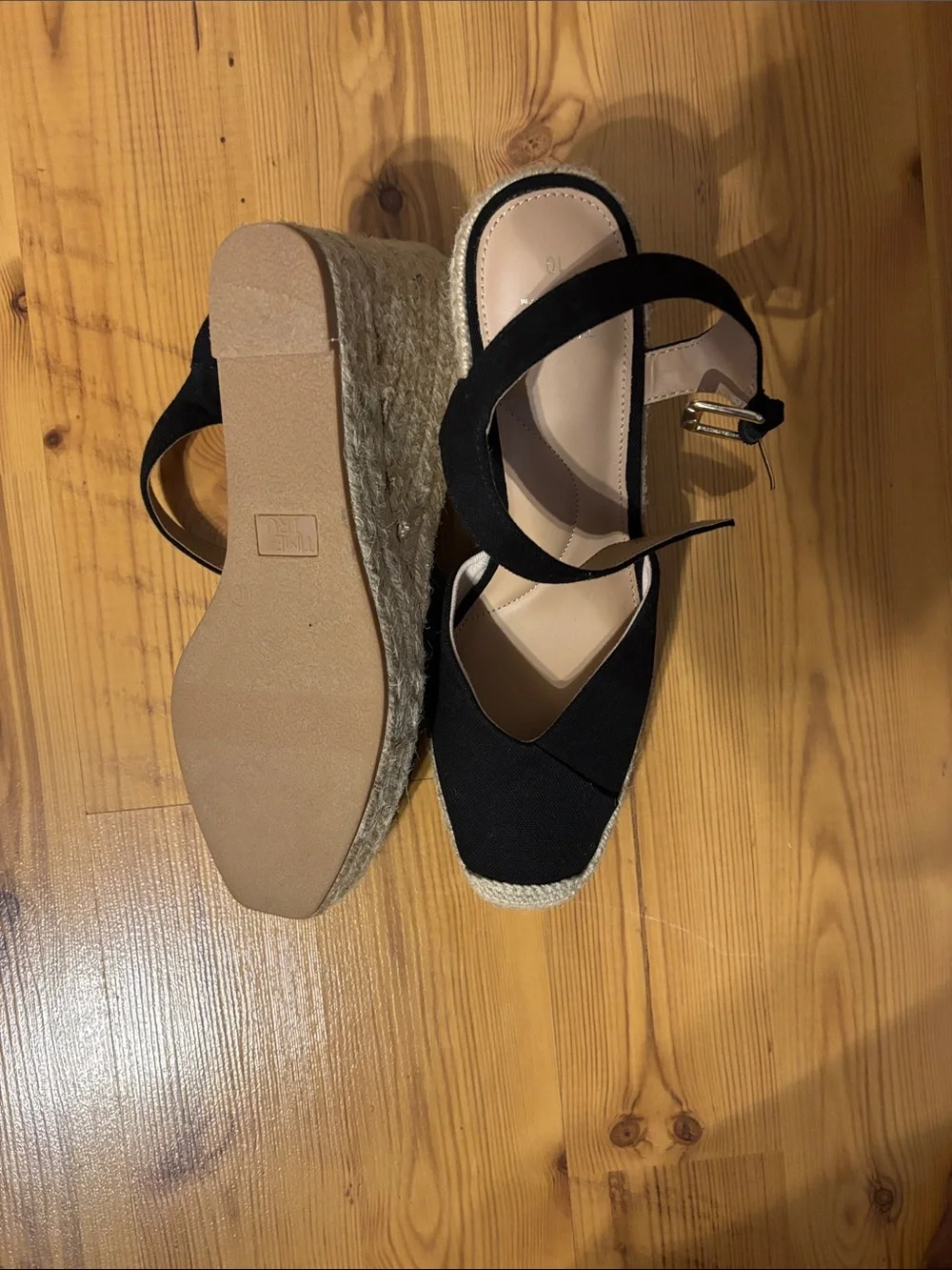 Time and Tru Black Espadrille Wedge Sandals with Gold Buckle